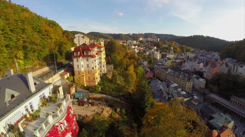 Picturesque small European buildings sunset aerial, old town Stock Footage