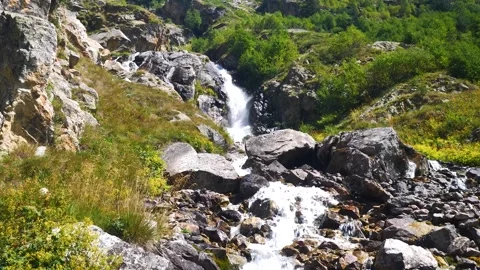 A picturesque stream flows down from the mountains among stones and green grass Video stock 261534456