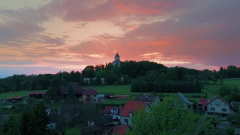 Picturesque Sunset Over Sobotka, Czech Republic Village and Church on Hill Stock Footage 318344450