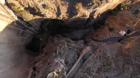 Picturesque view of river between rocky cliffs near arch dam Stock Footage 260412278