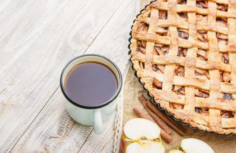 Pie with apples and cinnamon. Selective focus. Stock Photos