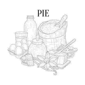 Pie Baking Components Still Life Hand Drawn Realistic Sketch Stock Illustration