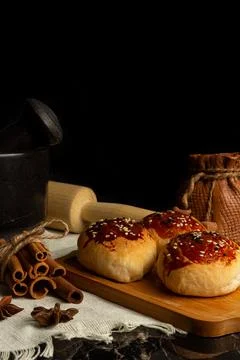 Pie baking concept, baking ingredients in the background and foreground Stock Photos
