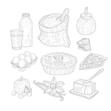 Pie Baking Ingredients Isolated Hand Drawn Realistic Sketches Stock Illustration