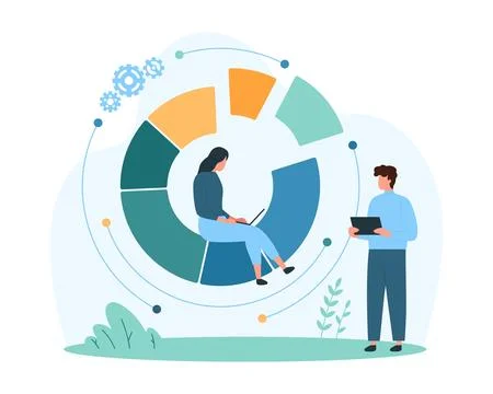 Pie chart analytics, t iny people work with data statistics in infographic イラスト素材
