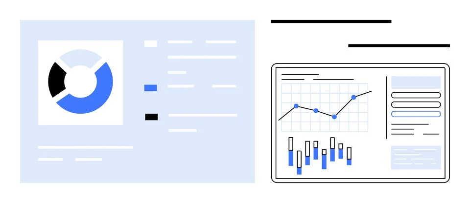 Pie chart and bar graph displayed on digital screens with accompanying data t Stock Illustration