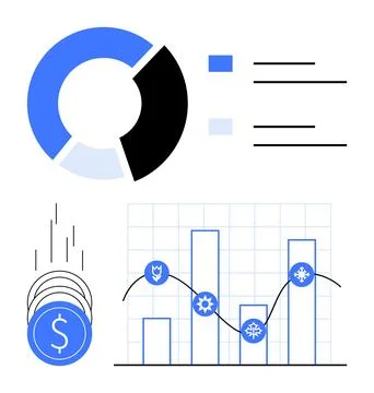 Pie Chart and Bar Graph with Currency Coins and Data Points Representing Fi.. 스톡 일러스트