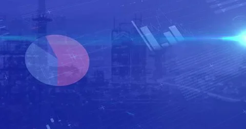 Pie chart and world map image over cityscape with financial data Illustrazione stock