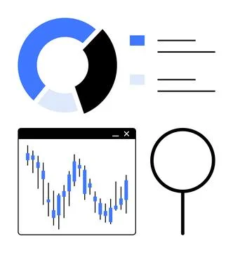 Pie chart, bar graph, and line graph in a business analysis setup, with a mag Stock Illustration