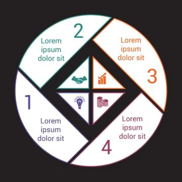 Pie chart with black background from colored lines for 4 options. Stock Illustration
