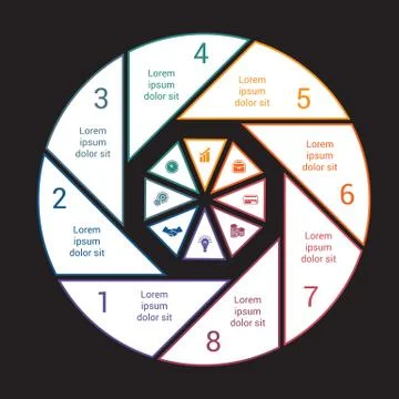 Pie chart with black background from colored lines for 8 options. Stock Illustration