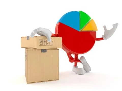 Pie chart character with stack of boxes Illustrazione stock