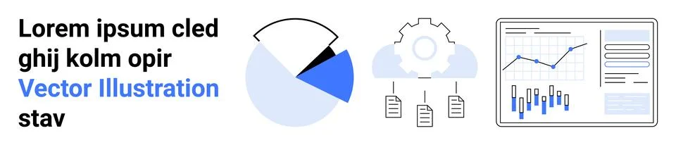Pie chart, cloud gear with data files, bar and line graph within screen. Idea Stock Illustration