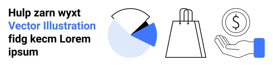 Pie chart data analysis, shopping bag, hand with dollar coin. Ideal for finan Stock Illustration