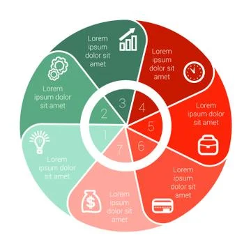 Pie chart data Elements For Template infographics with seven 7 positions area Stock Illustration