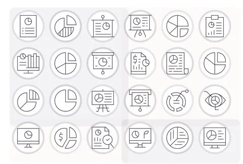 Pie Chart Design Vector Icons featuring 24 Pixel Aligned Thin Line Style Stock Illustration