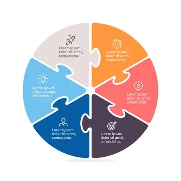 Pie chart, diagram with 6 steps, options. Stock Illustration