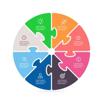 Pie chart, diagram with 8 steps, options. Stock Illustration