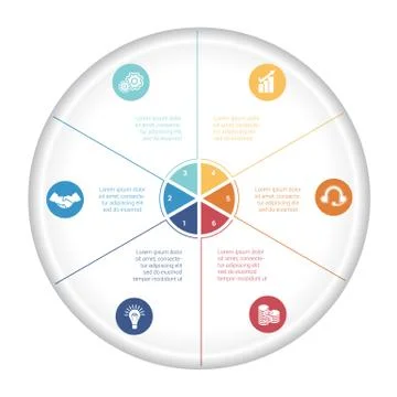 Pie chart diagram data 6 options for text area Stock Illustration