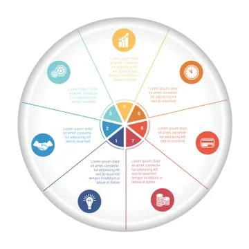 Pie chart diagram data 7 options for text area Illustrazione stock