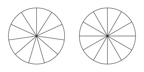 Pie chart, diagram set, eleven and twelve sections or steps. Illustrazione stock
