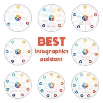 Pie chart diagrams data 3, 4, 5, 6, 7, 8, 9, 10 options for text area. Templa Stock Illustration