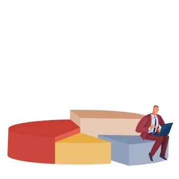 Pie chart of different volume and color together with a businessman who sits on Stock Illustration