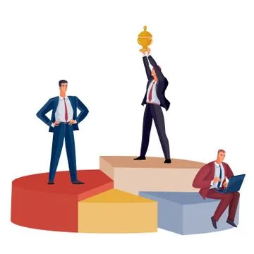 Pie chart of different volume and color together with businessmen who are Stock Illustration