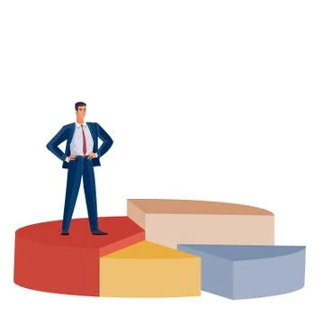 Pie chart of different volume and color together with a businessman who stands Stock Illustration
