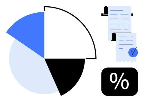 A pie chart divided into four sections in blue, black and white accompanied b Stock Illustration