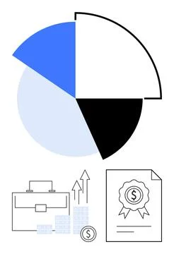 Pie chart divided into four sections with blue, black, and white. Briefcase,  Stock Illustration