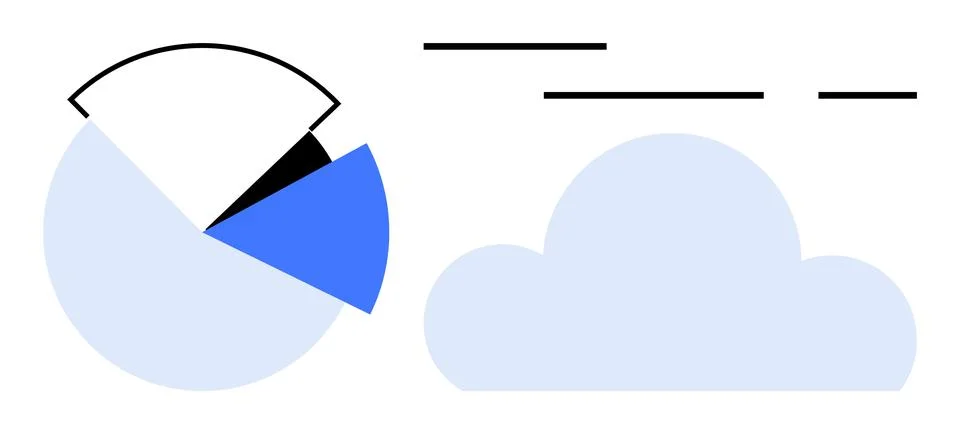 Pie chart divided into four segments next to a cloud icon with horizontal lin Illustrazione stock