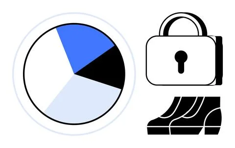 Pie chart divided into four segments, padlock symbol, and abstract staircase. 스톡 일러스트