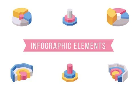 Pie chart elements isometric illustrations set. Various multi level donut graph Illustrazione stock