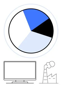 Pie chart with four segments above a computer monitor and factory emitting sm Illustrazione stock