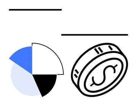 Pie chart with four segments and large coin with dollar sign under bold lines Stock Illustration