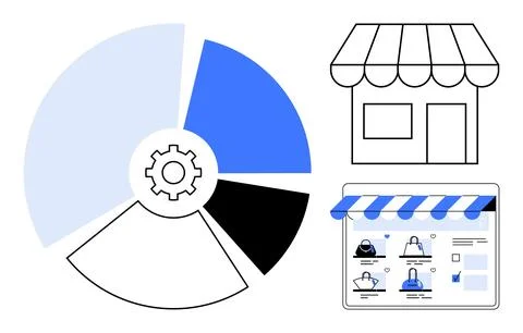 Pie chart with gear in center, storefront, and online shop interface. Ideal f Stock Illustration