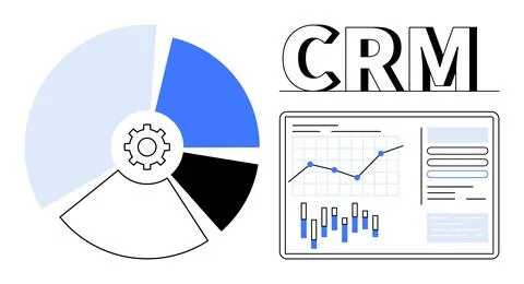 Pie chart with gear icon and CRM dashboard with line and bar graphs, data ana 스톡 일러스트