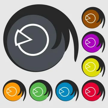 Pie chart graph icon sign. Symbol on eight colored buttons. Vector Illustrazione stock