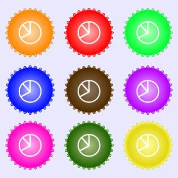 Pie chart graph icon sign. A set of nine different colored labels. Vector Stock Illustration