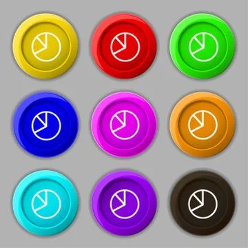 Pie chart graph icon sign. symbol on nine round colourful buttons. Vector Stock Illustration