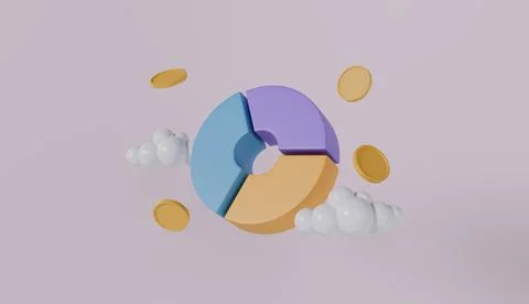 Pie chart graph with money coins and cloud on pink background Stock Illustration