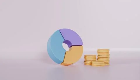 Pie chart graph with money stacking coin on pink background Stock Illustration