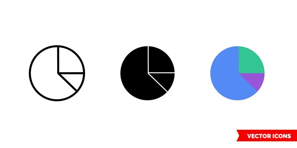 Pie chart icon of 3 types color, black and white, outline. Isolated vector si Stock Illustration