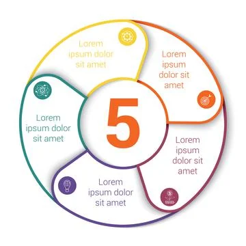 Pie chart. Modern infographic template for 5 positions. Shadow, white backgro Illustrazione stock