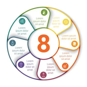 Pie chart. Modern infographic template for 8 positions. Shadow, white backgro Stock Illustration