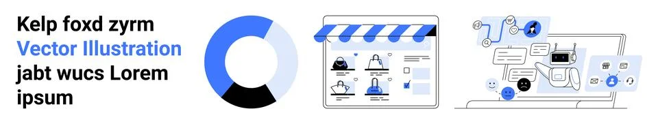 Pie chart, online store interface, and mobile app screens with analytics. Ide イラスト素材