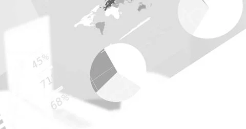 Pie chart overlaying world map in dashboard, with 45% 71% 68% labels and white Stock Photos