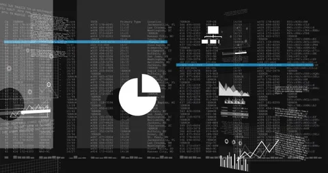 Pie chart pulsing while surrounding code columns and chart overlays updating in Stock Footage 307462527