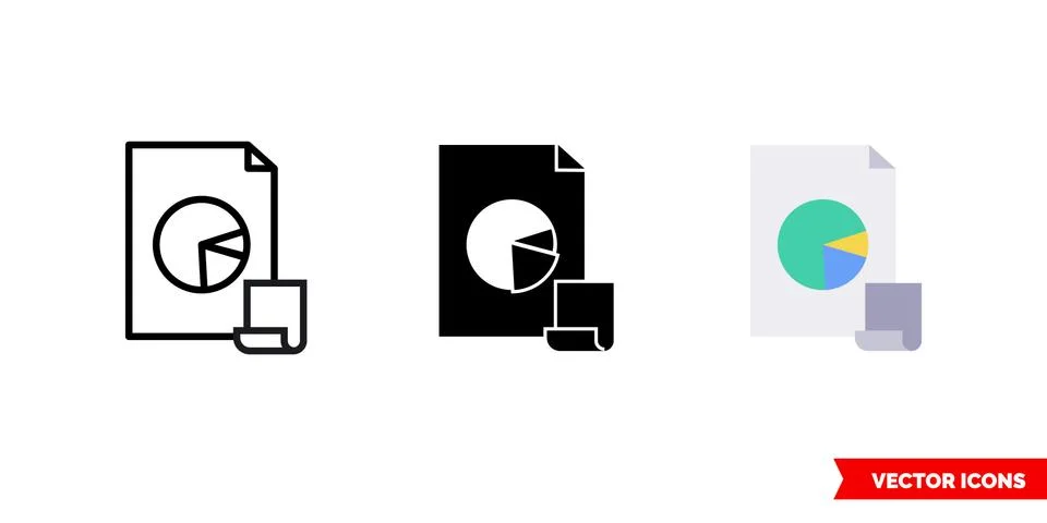 Pie chart report script icon of 3 types. Isolated vector sign symbol. Illustrazione stock